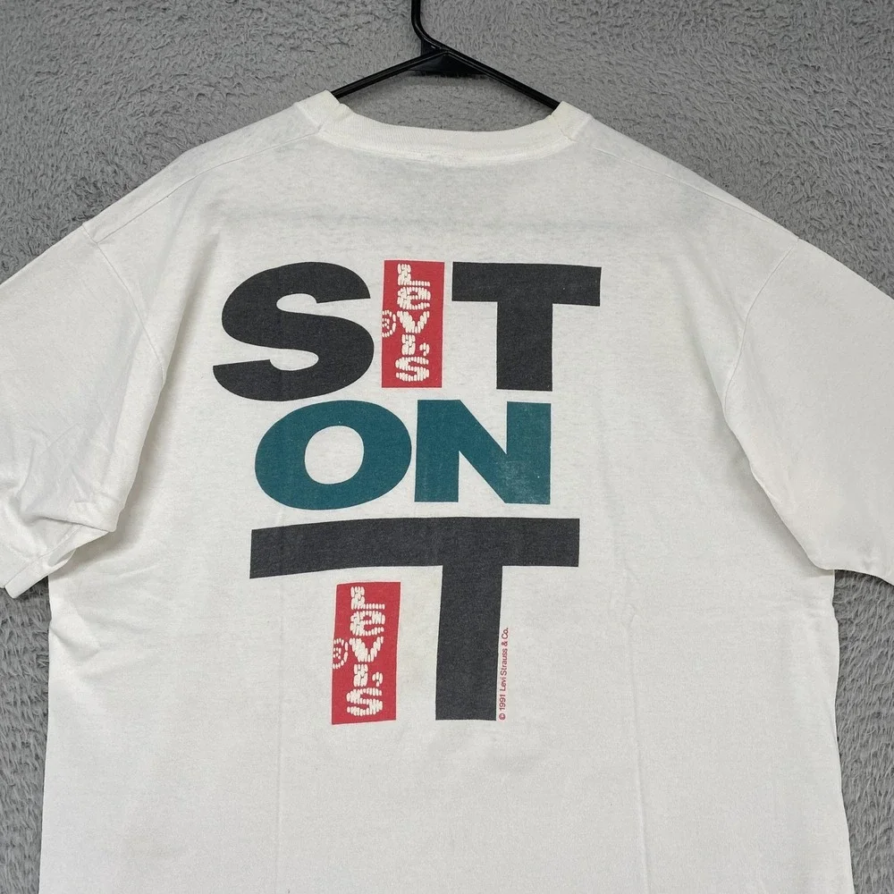 Vintage Levi's Sit On It Shirt Mens XL White 1991 Graphic‎ Tee 90s Levis